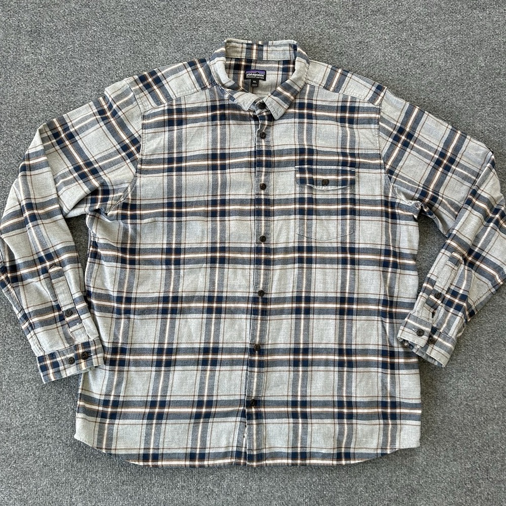Patagonia Shirt Men XXL Lightweight Long Sleeve Fjord Flannel Grey Plaid Cotton